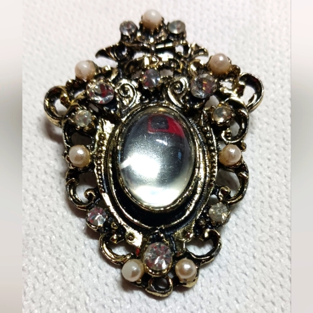 PINK SODA Vintage Rhinestone Mirror Cabochon Brooch